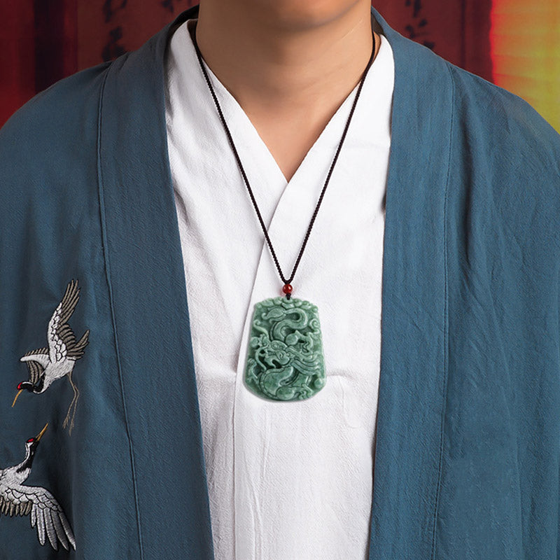 Chinese Zodiac Dragon Jade Strength Necklace - worn on blue robe with crane embroidery, dragon jade strength