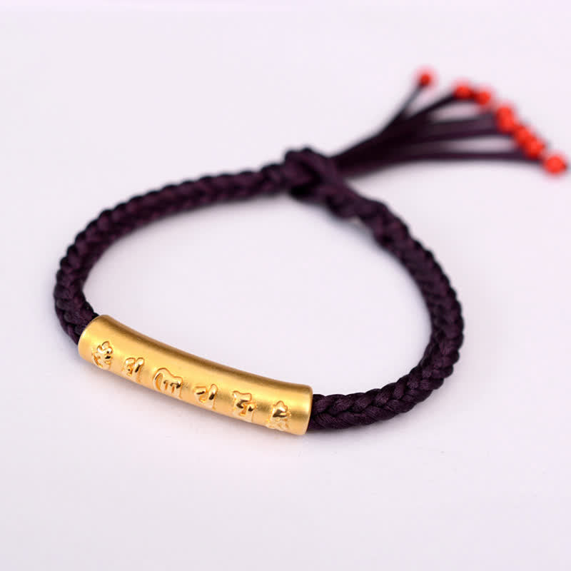 Om Mani Padme Hum Red String Bracelet – Purple cord with gold mantra tube, Buddhist jewelry