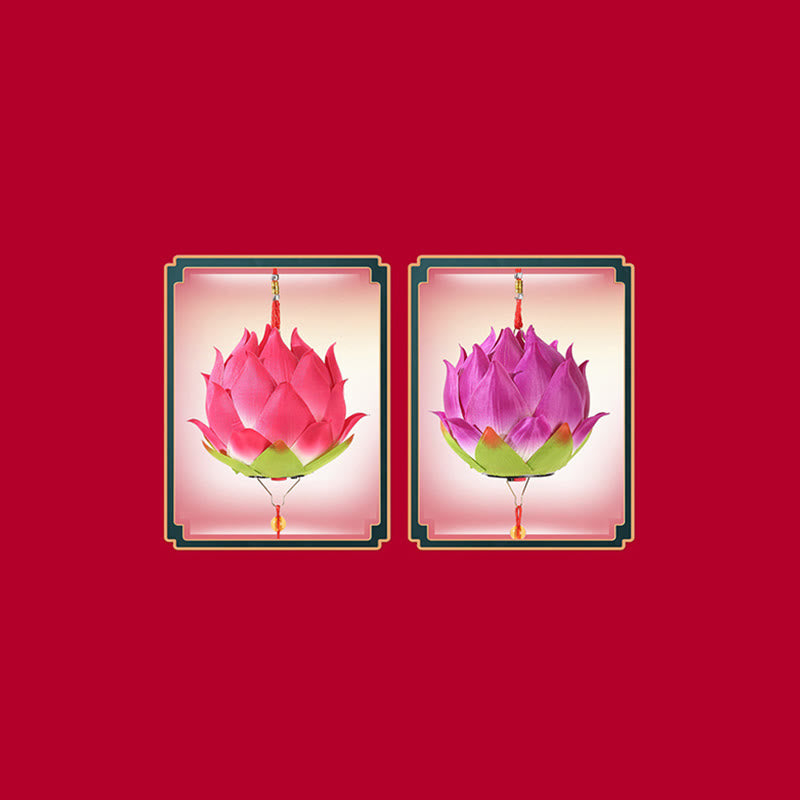 DIY Lotus Dragon Lantern Tassel Lamp – Pink and purple lotus lanterns side by side on crimson background, Twin variants