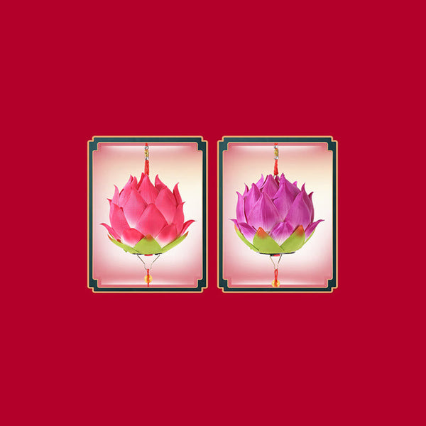 DIY Lotus Dragon Lantern Tassel Lamp – Pink and purple lotus lanterns side by side on crimson background, Twin variants
