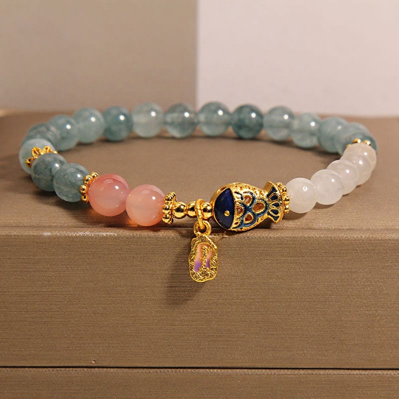 Jade Agate Koi Scripture Bracelet – lifestyle shot on wrist with linen clothing spiritual aesthetic