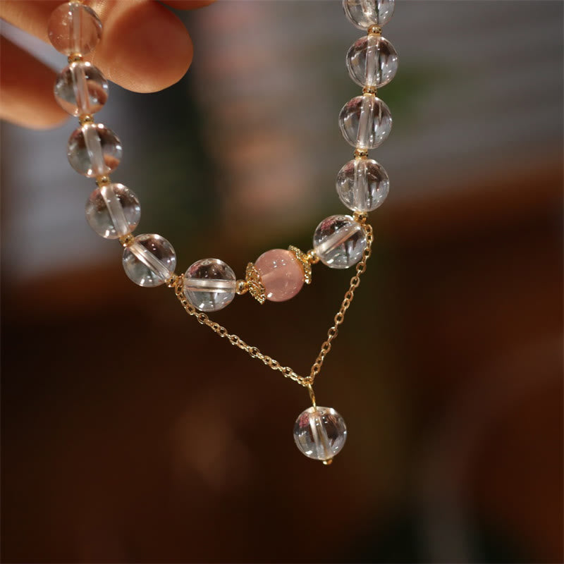 Yin Yang Obsidian Crystal Bracelet - Clear beads with pink focal and gold chain dangle, crystal jewelry