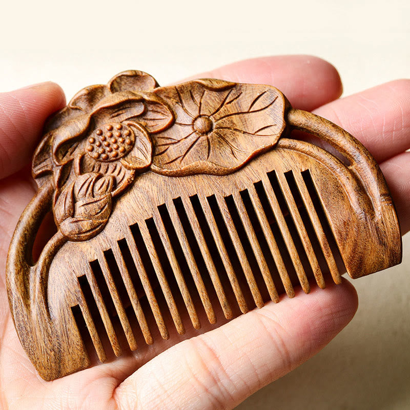 Green Sandalwood Lotus Leaf Engraved Soothing Comb, image 6