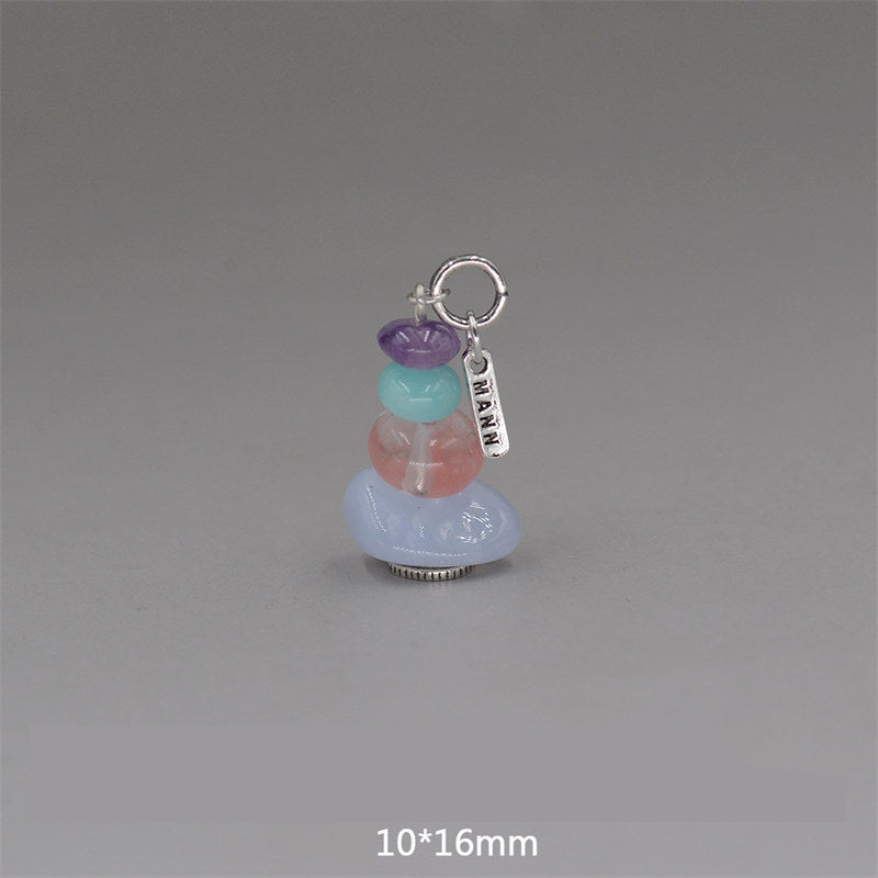 Zen Cairn Crystal Pendant – purple turquoise pink blue stacked bead pendant with MANN tag, 10x16mm