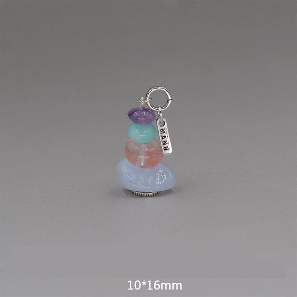 Zen Cairn Crystal Pendant – purple turquoise pink blue stacked bead pendant with MANN tag, 10x16mm