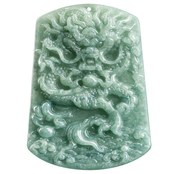 Natural Jade Dragon Pendant – White background studio shot of detailed jade dragon carving, Clean artistry