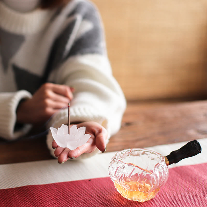 Lotus Liuli Incense Burner – paired with glass teapot on red mat, Ritual