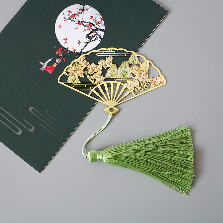 Brass Hollow Fan Bookmark - Butterfly and floral cutout with green silk tassel, elegant
