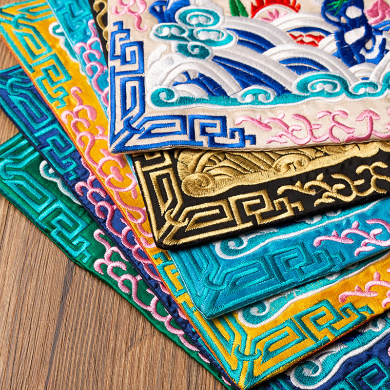 Phoenix Dragon Kirin Embroidery Tea Cup Mat - Five stacked mats in multiple colorways, Color Collection