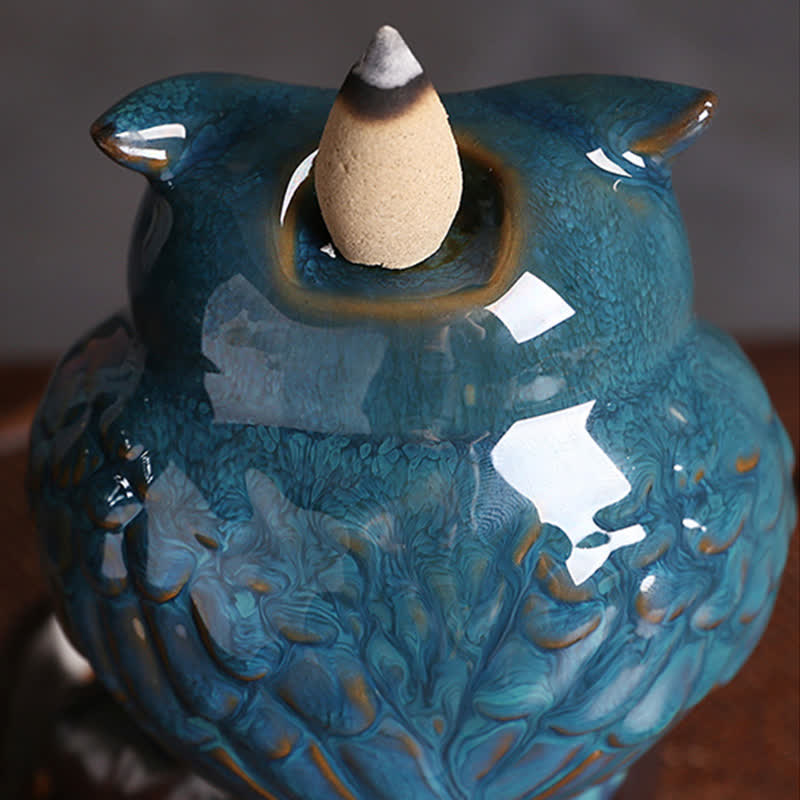 Owl Incense Burner - crackle-glazed teal head with incense cone, mindful