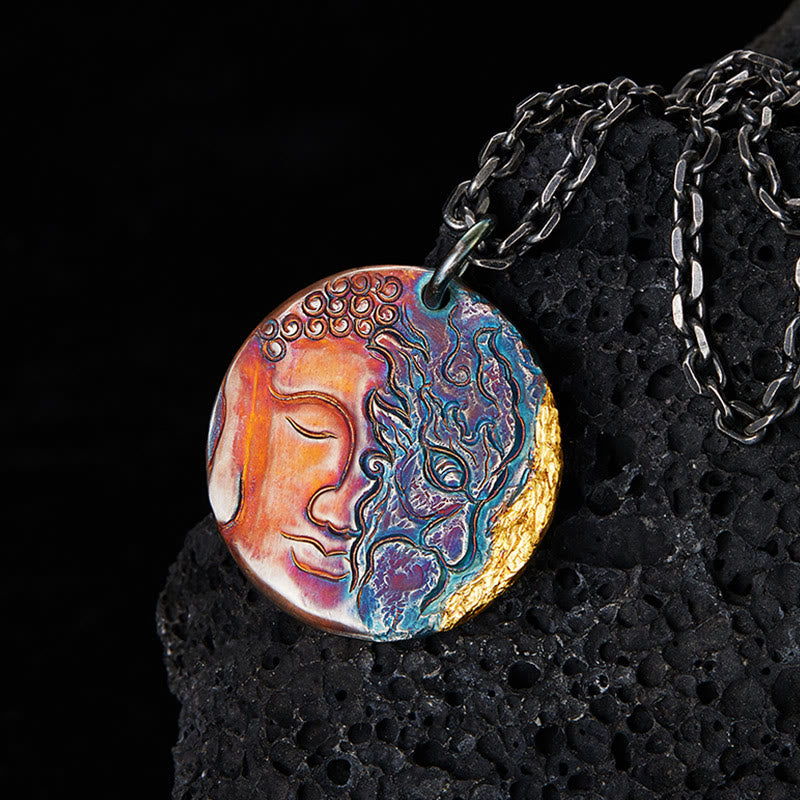 999 Sterling Silver 24K Gold Half Demon Half Buddha Compassion Necklace Pendant – Front view pendant, silver necklace amulet