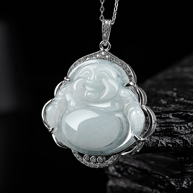 Laughing Buddha Jade Necklace – front view, abundance pendant