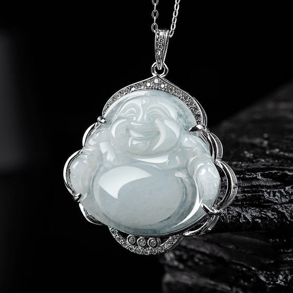 Laughing Buddha Jade Necklace – front view, abundance pendant