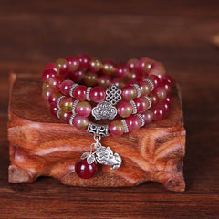 Watermelon Tourmaline Bracelet – Triple wrap pink green beads with silver PiXiu on carved wood