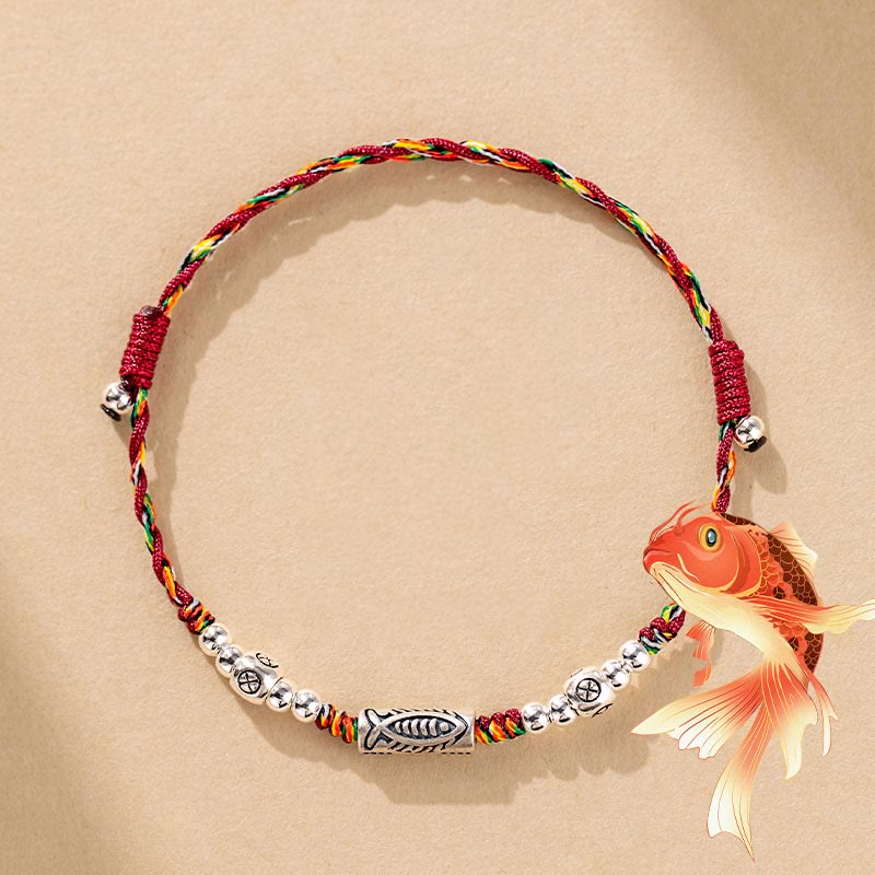 925 Koi Braided Bracelet - front view on white, sterling silver koi charm with colorful woven cord, luck jewelry
