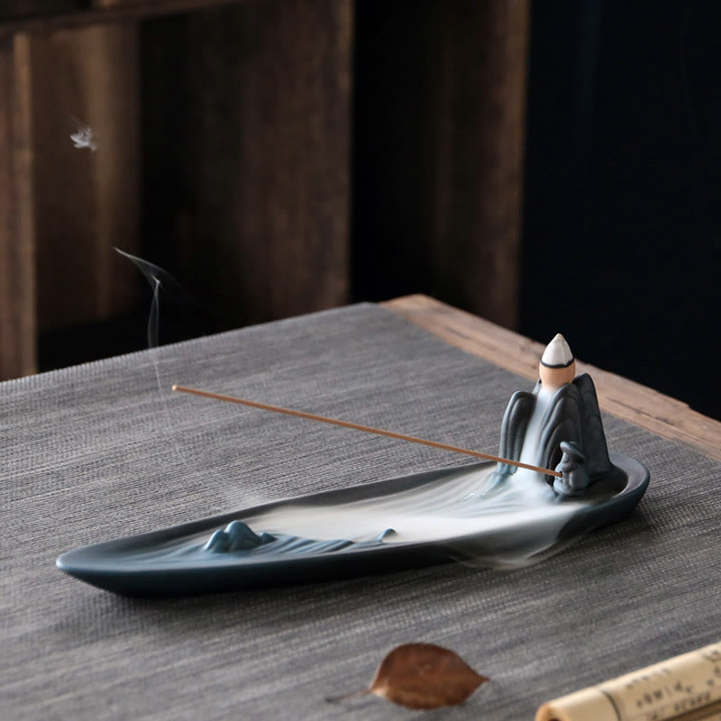 Double Koi Fish Mountain Incense Burner - gray mountain backflow burner with sage figure and smoke