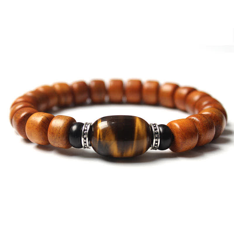 Tibetan Bone Beads Om Mani Padme Hum Bracelet – tiger's eye focal with silver accents on wood strand, gemstone bracelet