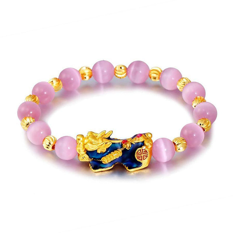 Pixiu Cat Eye Chrysoberyl Lucky Bracelet – front view with pink cat eye beads and gold pi xiu charm, feng shui good luck jewelry