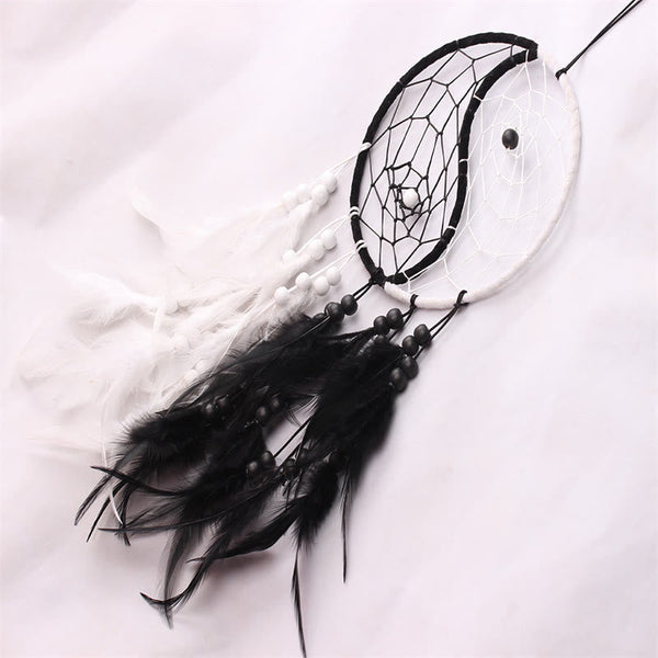 Yin Yang Dream Catcher with Feathers – Dreamcatcher with fur strips and black feathers, modern boho