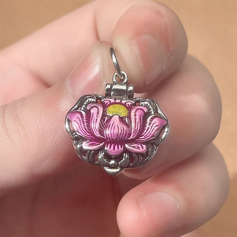 Tibet Copper Lotus Necklace – hand-held pink enamel lotus locket close-up, meaningful gift