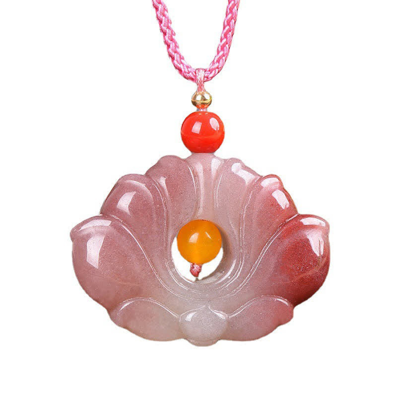 Jade Lotus Pendant – Front view of pink carved lotus with amber stamen, braided cord, polished crystal necklace