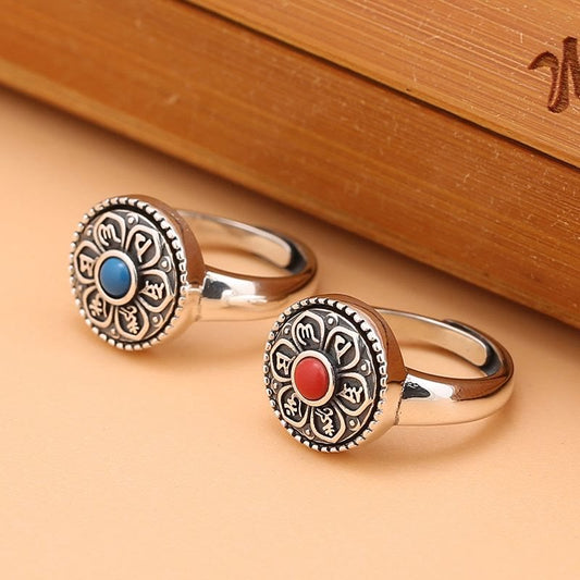 Tibetan Om Mani Padme Hum Ring – Two color options on warm wood, Tibetan copper ring
