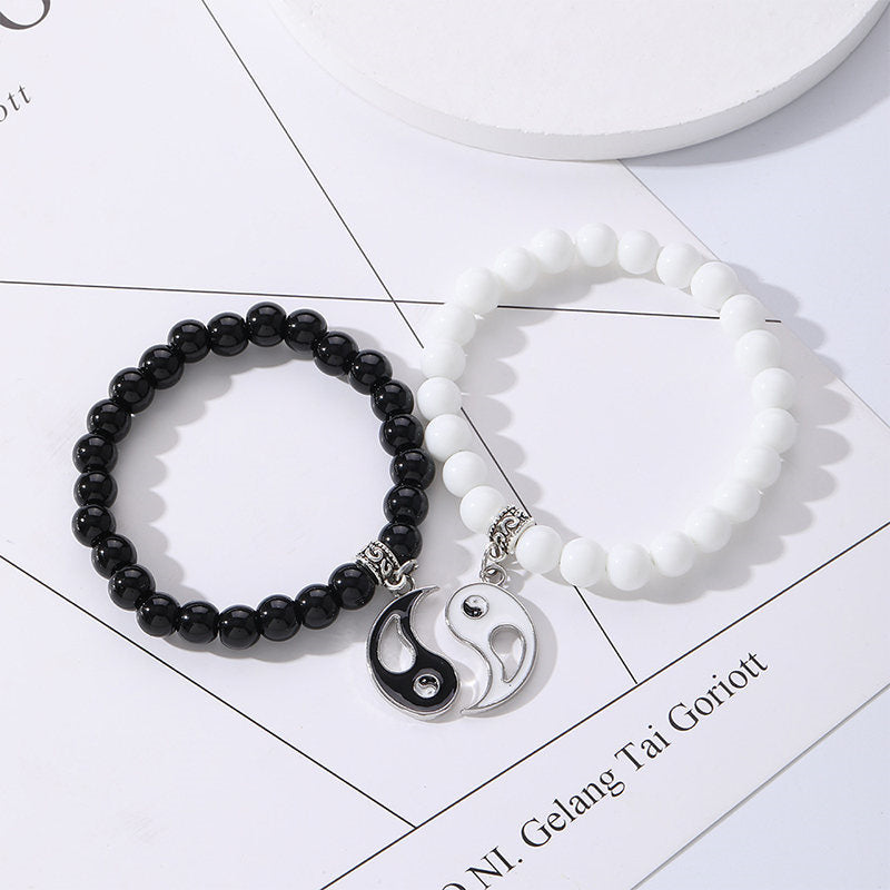 Yin Yang Protection Couple Bracelet - Black onyx white turquoise bead pair with silver yin-yang pendants, friendship match...