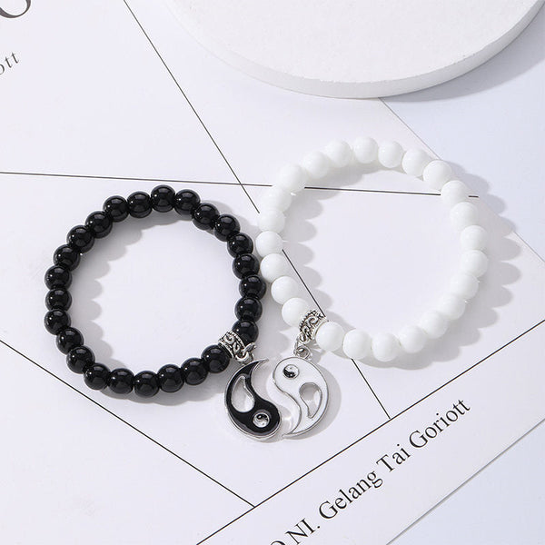 Yin Yang Protection Couple Bracelet - Black onyx white turquoise bead pair with silver yin-yang pendants, friendship match...