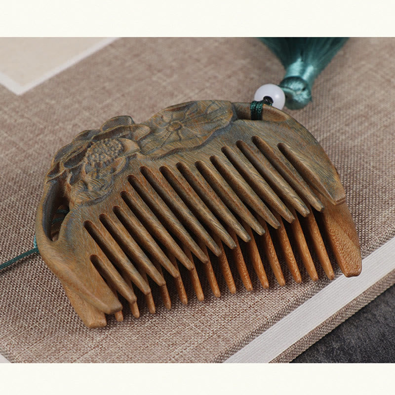 Close-up of green sandalwood lotus flower carved comb teeth and texture