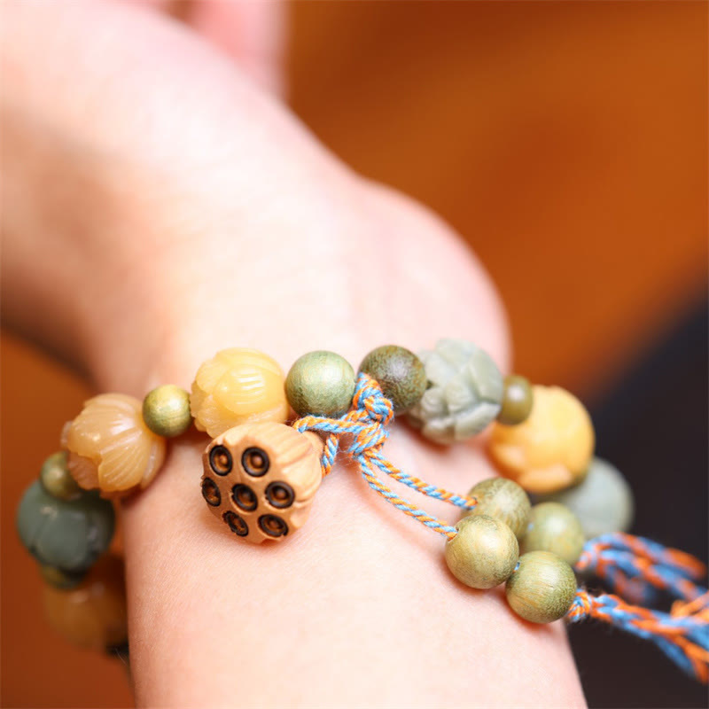 Bodhi Seed Green Sandalwood Lotus Bracelet – carved lotus pod on wrist, Peaceful