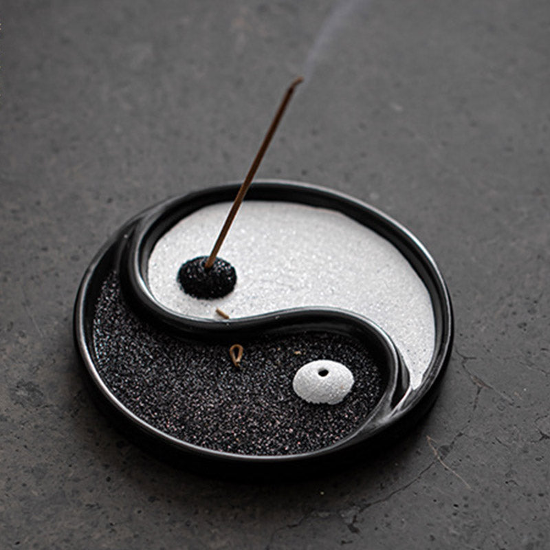 Yin Yang Incense Holder – Black and white sand dish with burning incense smoke, Meditative