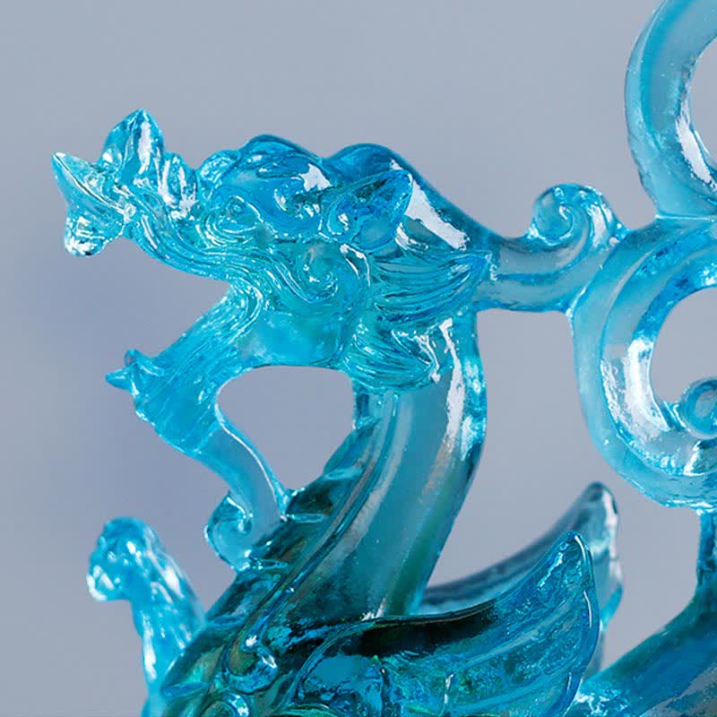 Azure Dragon Crystal Head - close-up dragon face with antlers, translucent blue, majestic