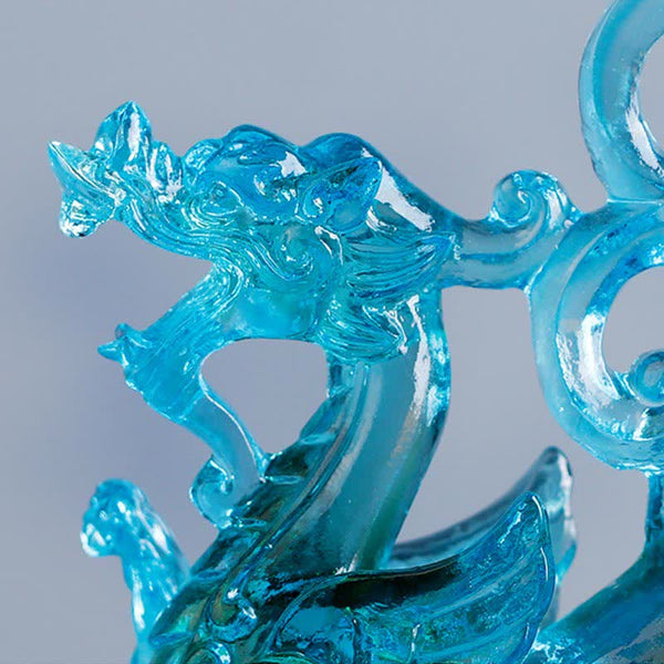 Azure Dragon Crystal Head - close-up dragon face with antlers, translucent blue, majestic
