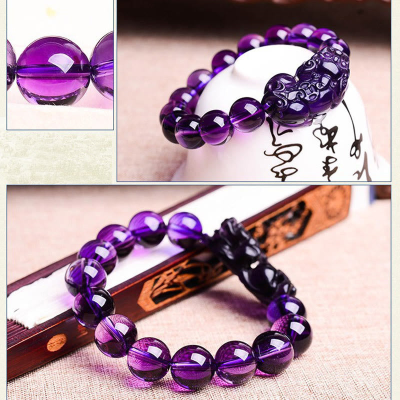 Amethyst PiXiu Fortune Bracelet – Collage showing bead detail, PiXiu charm, and book display