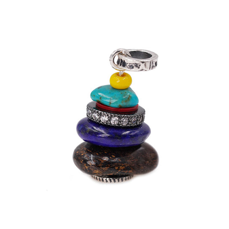 Zen Cairn Crystal Pendant – large multi-stone stack with turquoise lapis bronzite on white, statement charm
