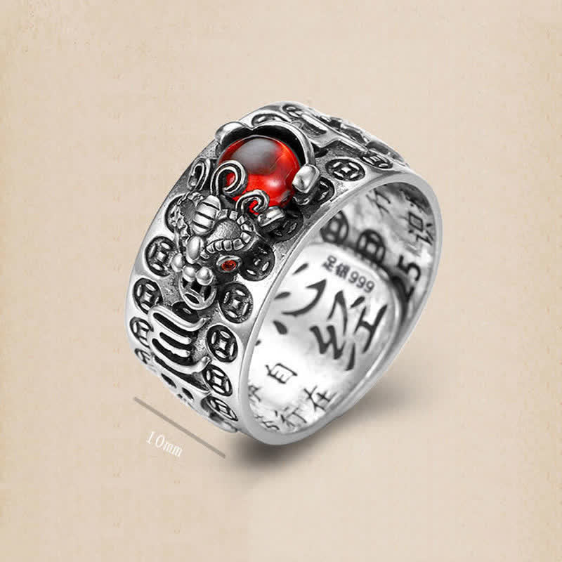 PiXiu Garnet Heart Sutra Ring – Silver ring interior with Chinese script engraving and Heart Sutra text visible on polished inner band, macro detail shot