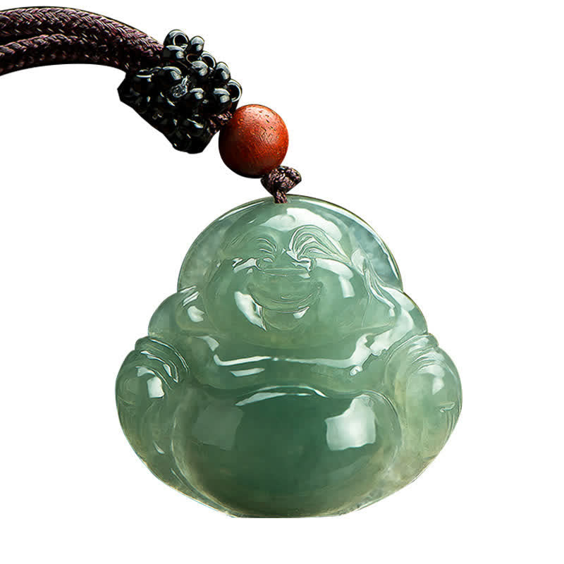 Silver Sheen Obsidian Laughing Buddha Necklace – model wearing at chest level, everyday protection talisman