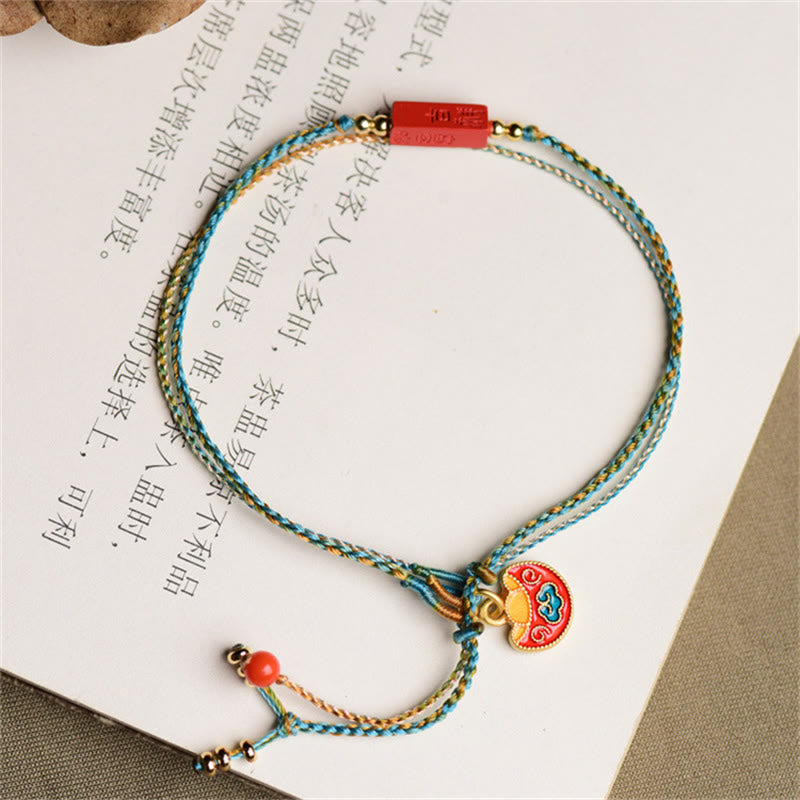 Cinnabar Bracelet - Ruyi pendant charm with red bead on braided cord, tea book setting