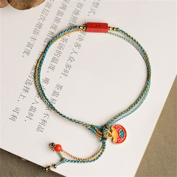 Cinnabar Bracelet - Ruyi pendant charm with red bead on braided cord, tea book setting