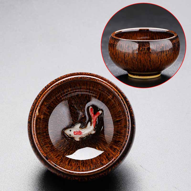 Jianzhan Koi Teacup – back view with secondary koi fish pattern, kiln change cup