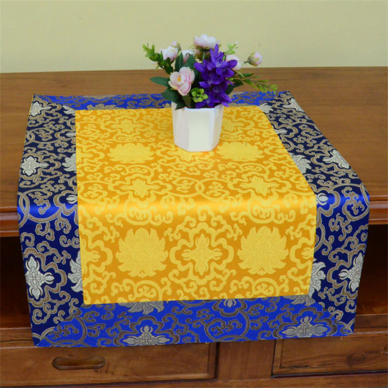 Dragon Vajra Altar Table Runner – Blue gold jacquard with lotus pattern, divine