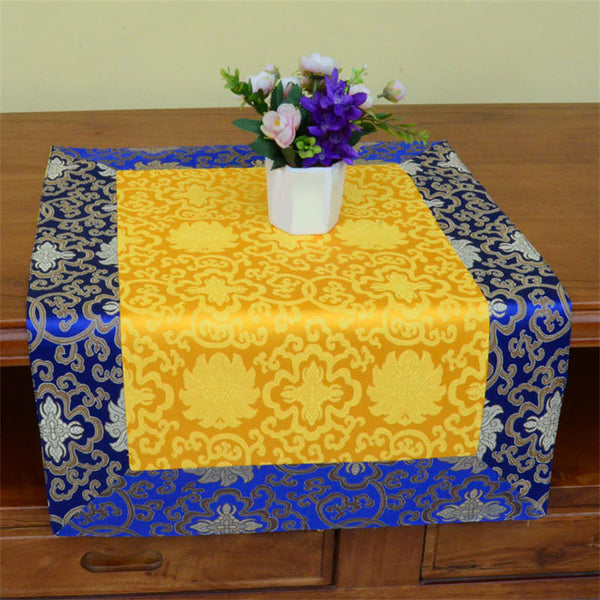 Dragon Vajra Altar Table Runner – Blue gold jacquard with lotus pattern, divine