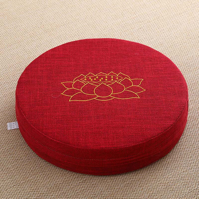 Crimson Lotus Meditation Cushion - Gold lotus on deep red linen zafu, bold zen seating