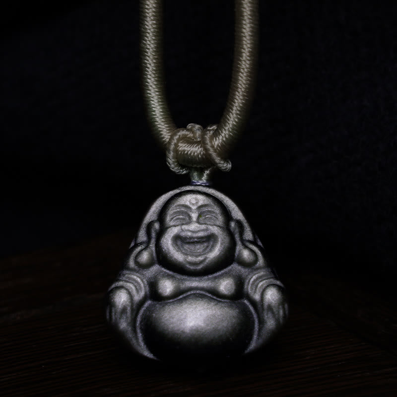 Cinnabar Laughing Buddha Yin Yang Zodiac Necklace – side angle of pendant on chain, Buddhist amulet necklace