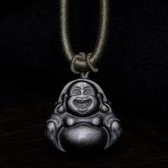 Cinnabar Laughing Buddha Yin Yang Zodiac Necklace – side angle of pendant on chain, Buddhist amulet necklace