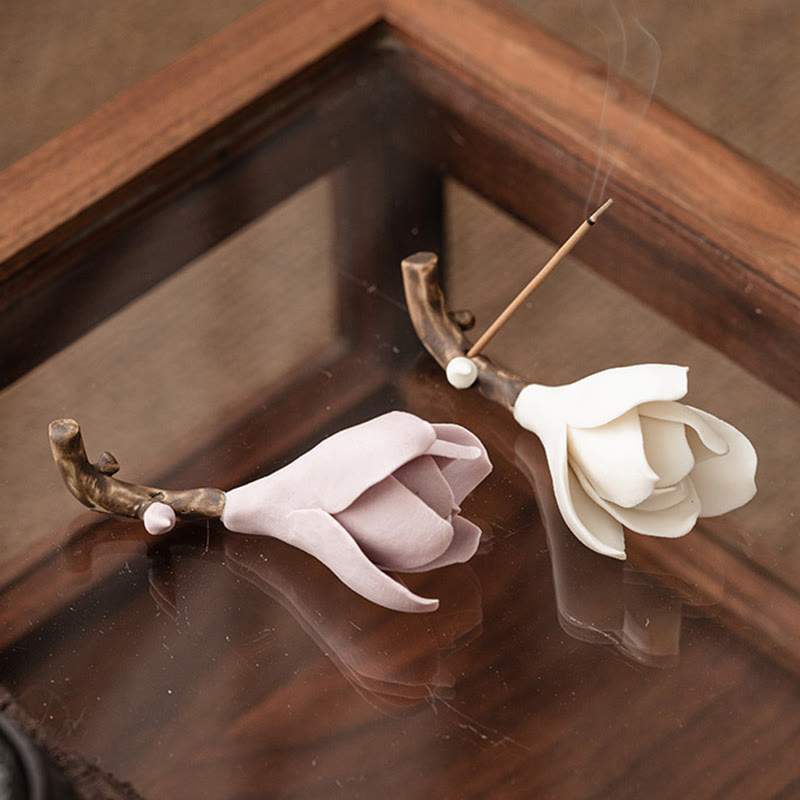 Gardenia Ceramic Incense Burner – Lavender and white holders on polished dark wood, incense smoke rising