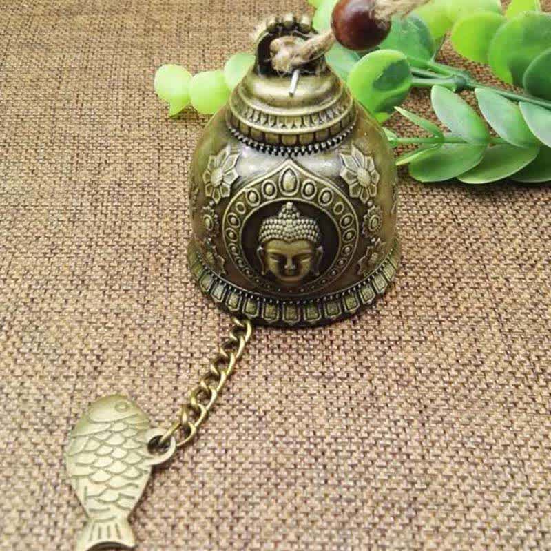 Feng Shui Wind Chime Bell - Antique bronze bell with Buddha head relief and lotus carvings, zen wall decor