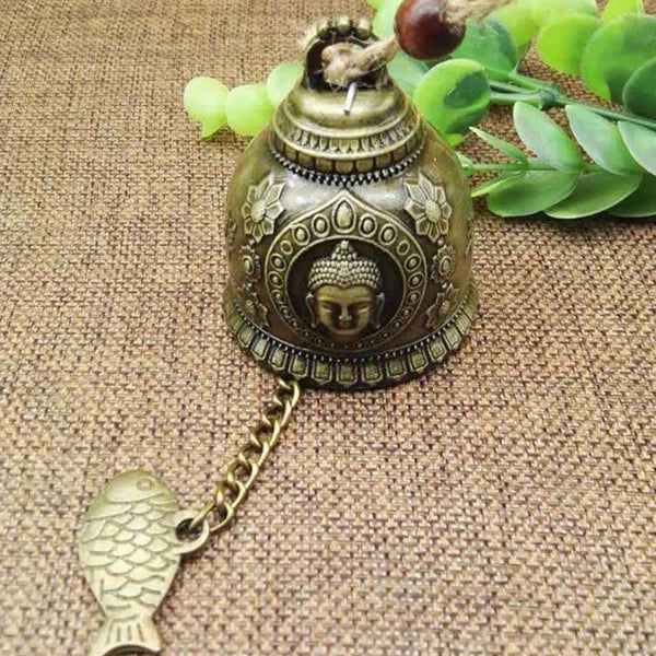 Feng Shui Wind Chime Bell - Antique bronze bell with Buddha head relief and lotus carvings, zen wall decor