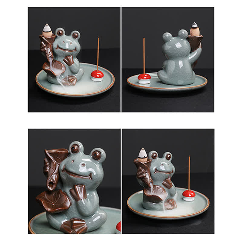 Meditation Frog Ceramic Lotus Incense Burner - Multi-angle composite with dimension ruler 12.8cm base, Detailed