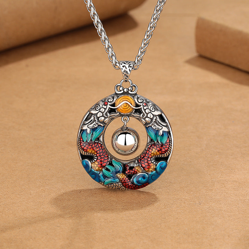 Double Dragon Copper Necklace – Twin koi fish enamel pendant with moving center sphere, woven rope chain